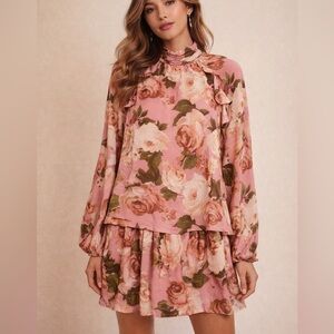 Blush Pink Floral Ruffle Mini Dress – Romantic fairy Valentine’s Day– Size S